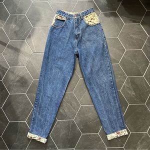 VTG 80s 90s Retro Cottagecore Ditsy Floral Patchwork High Waisted Roll Hem Jeans
